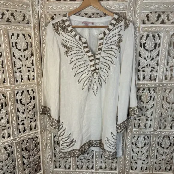 Calypso St. Barth | Dresses | Calypso St Barth Linencotton Blend Ivory  Beaded Long Sleeve Coverup Dress Sz M | Poshmark